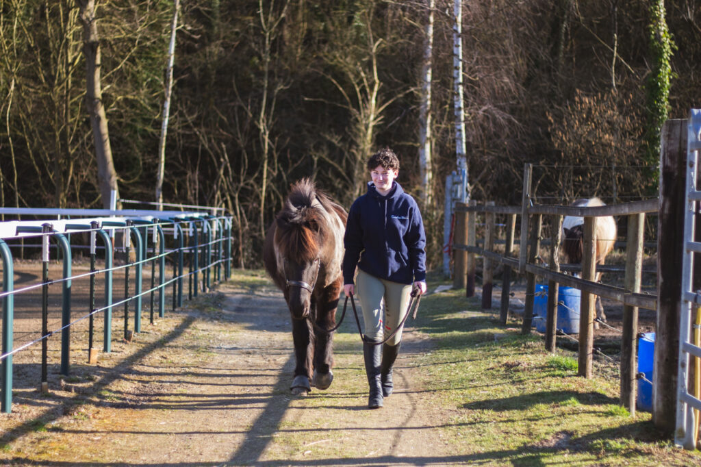 Pferdebesitzerin führt ihr Islandpferd über die Reitanlage der Trimbser Mühle